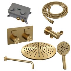 Brauer Carving inbouw doucheset - ronde handdouche - 20cm hoofdouche - gebogen wandarm - wandsteun - Geborsteld Goud PVD