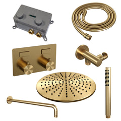 Brauer Edition inbouw doucheset - staafhanddouche - 30cm hoofdouche - gebogen wandarm - wandsteun - Geborsteld Goud PVD