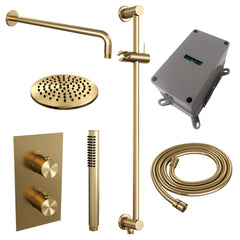 Brauer Edition inbouwset met 3-weg thermostaat - hoofddouche 20cm - gebogen wandarm 40cm - staafhanddouche - glijstang met aansluitbocht - Geborsteld Goud PVD