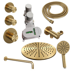 Brauer Edition thermostatische inbouw doucheset - hoofddouche 30cm - wandarm gebogen - ronde handdouche - Glijstang - Geborsteld Goud PVD