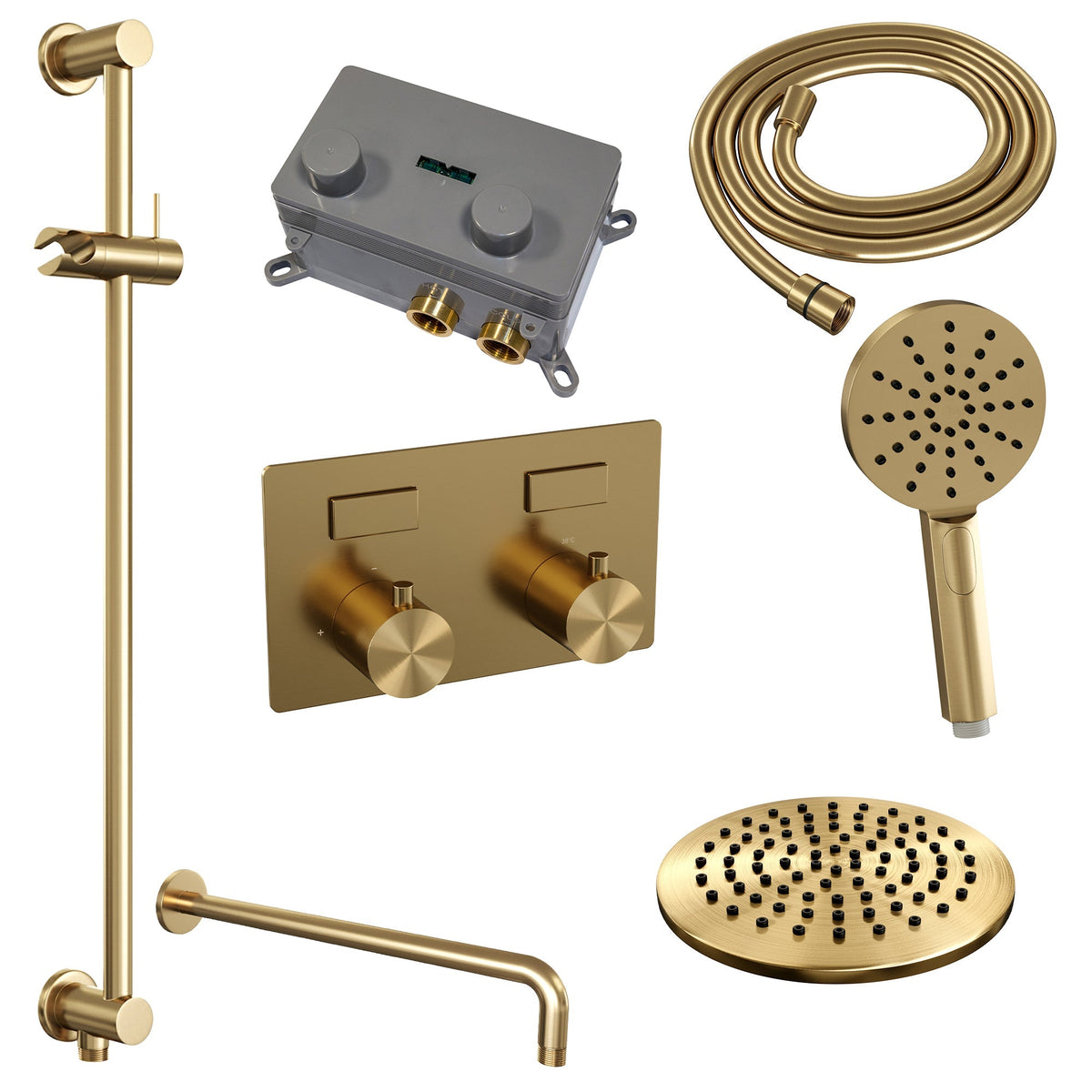 Brauer Edition inbouw doucheset - ronde handdouche - 20cm hoofdouche - gebogen wandarm - glijstang - Geborsteld Goud PVD