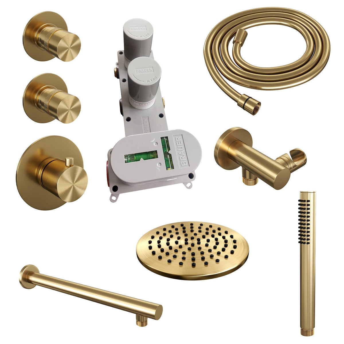 Brauer Edition thermostatische inbouw doucheset - Geborsteld Goud PVD - hoofddouche 20cm - wandarm - staafhanddouche
