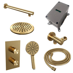 Brauer Edition inbouwset met 3-weg thermostaat - hoofddouche 20cm - rechte wandarm 40cm - ronde 3-standen handdouche - wandaansluiting - Geborsteld Goud PVD