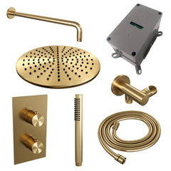 Brauer Edition inbouwset met 3-weg thermostaat - hoofddouche 30cm - gebogen wandarm 40cm - staafhanddouche - wandaansluiting - Geborsteld Goud PVD