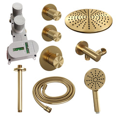 Brauer Carving thermostatische inbouw doucheset - hoofddouche 30cm - plafondbuis - 3 standen handdouche rond - Geborsteld Goud PVD