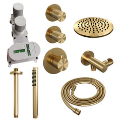 Brauer Carving thermostatische inbouw doucheset - hoofddouche 20cm - plafondbuis - staafhanddouche - Geborsteld Goud PVD