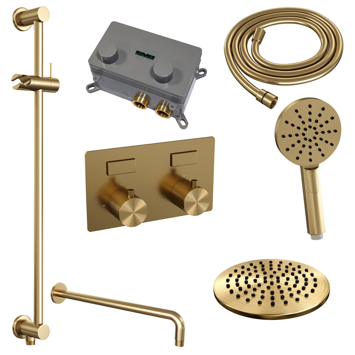 Brauer Carving inbouw doucheset - ronde handdouche - 20cm hoofdouche - gebogen wandarm - glijstang - Geborsteld Goud PVD