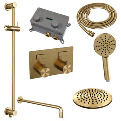 Brauer Carving inbouw doucheset - ronde handdouche - 20cm hoofdouche - gebogen wandarm - glijstang - Geborsteld Goud PVD
