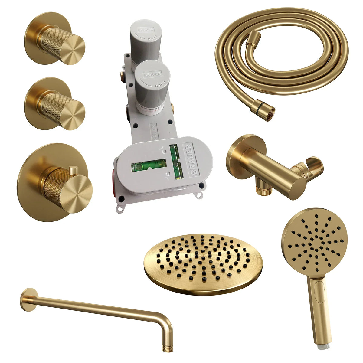 Brauer Carving thermostatische inbouw doucheset - hoofddouche 20cm - gebogen wandarm - 3 standen handdouche rond - Geborsteld Goud PVD