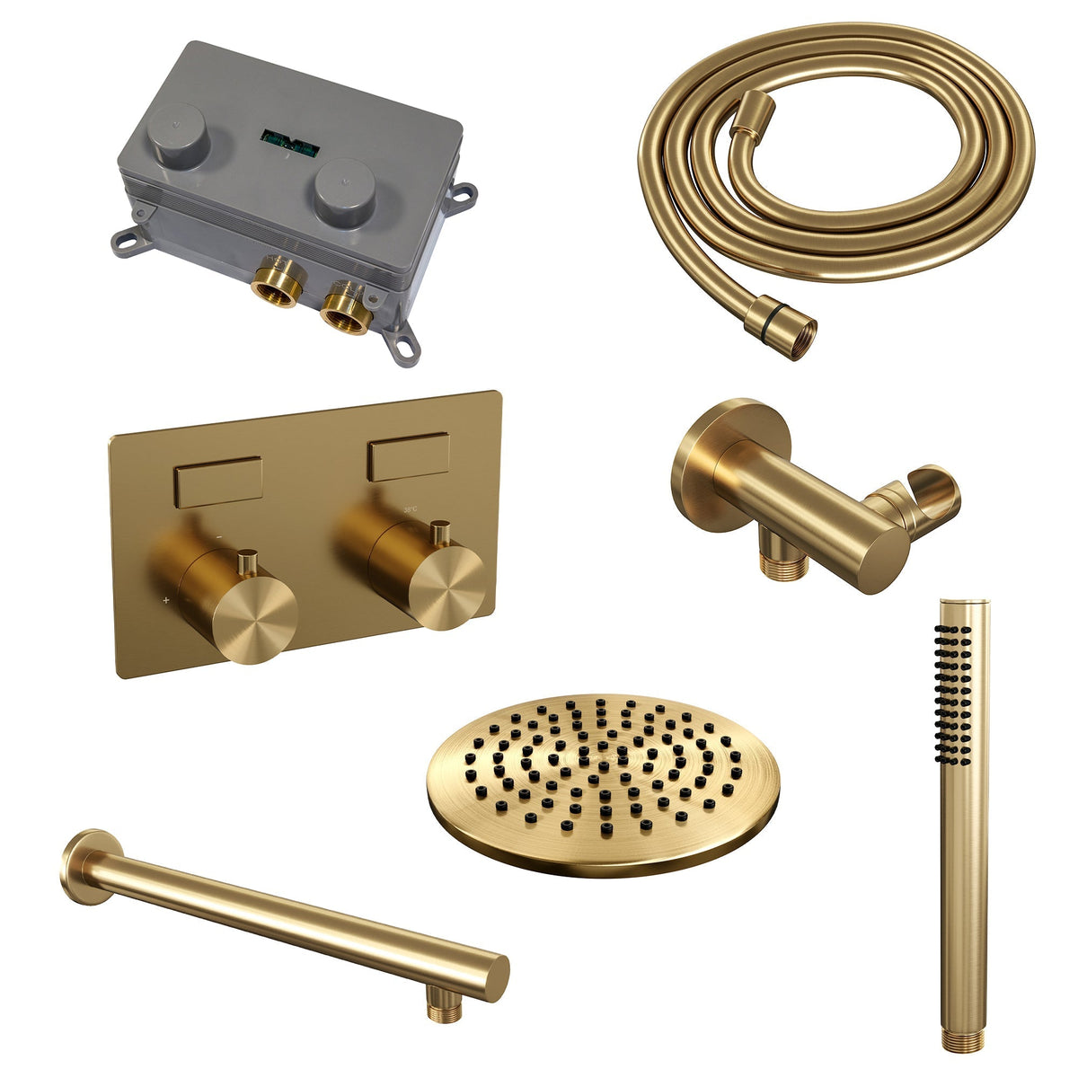 Brauer Edition inbouw doucheset - staafhanddouche - 20cm hoofdouche - rechte wandarm - wandsteun - Geborsteld Goud PVD