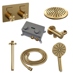 Brauer Edition inbouw doucheset - ronde handdouche - 20cm hoofdouche - plafondbuis - wandsteun - Geborsteld Goud PVD