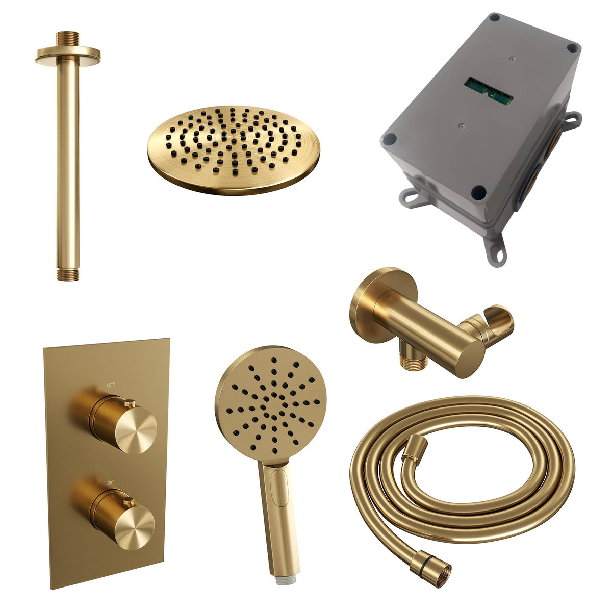 Brauer Edition inbouwset met 3-weg thermostaat - hoofddouche 20cm - plafondbuis 20cm - ronde 3-standen handdouche - wandaansluiting - Geborsteld Goud PVD