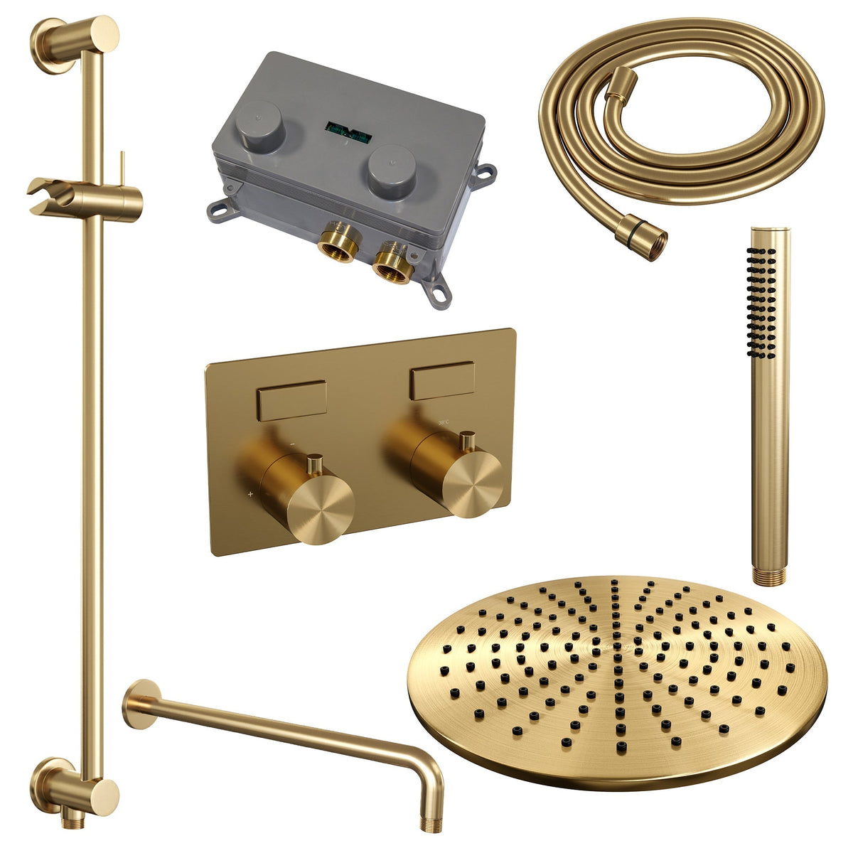 Brauer Edition inbouw doucheset - staafhanddouche - 30cm hoofdouche - gebogen wandarm - glijstang - Geborsteld Goud PVD