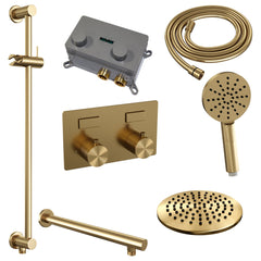 Brauer Carving inbouw doucheset - ronde handdouche - 30cm hoofdouche - rechte wandarm - glijstang - Geborsteld Goud PVD