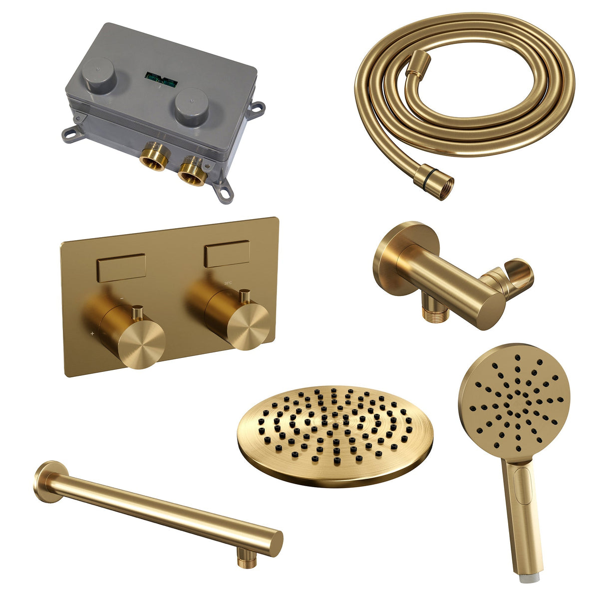 Brauer Edition inbouw doucheset - ronde handdouche - 20cm hoofdouche - rechte wandarm - wandsteun - Geborsteld Goud PVD