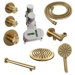Brauer Edition thermostatische inbouw doucheset - Geborsteld Goud PVD - hoofddouche 20cm - wandarm - ronde handdouche