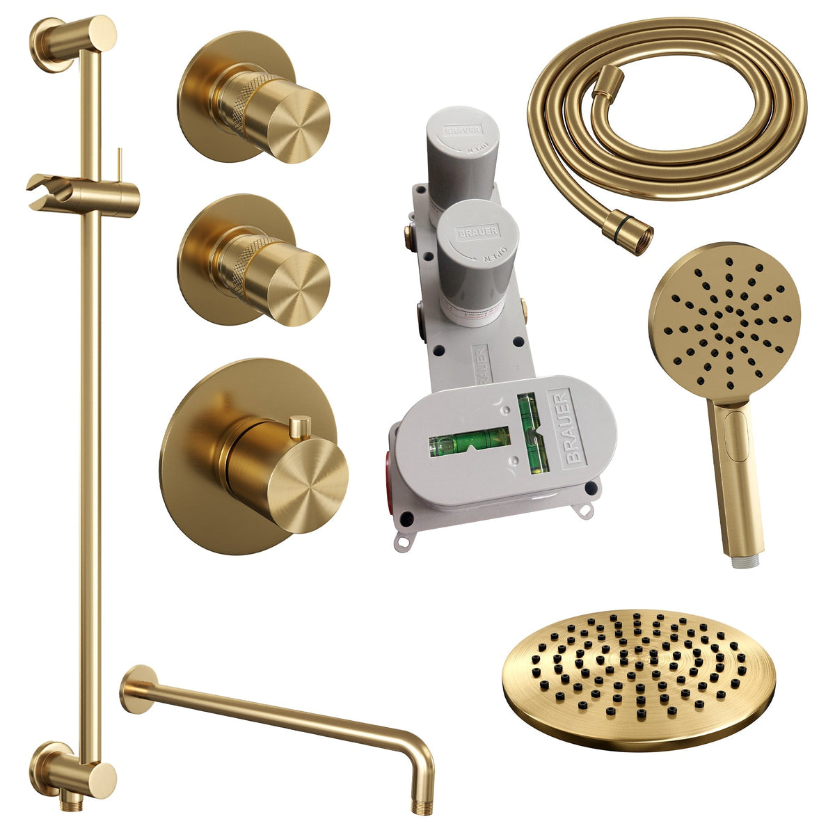 Brauer Edition thermostatische inbouw doucheset - hoofddouche 20cm - wandarm gebogen - ronde handdouche - Glijstang - Geborsteld Goud PVD
