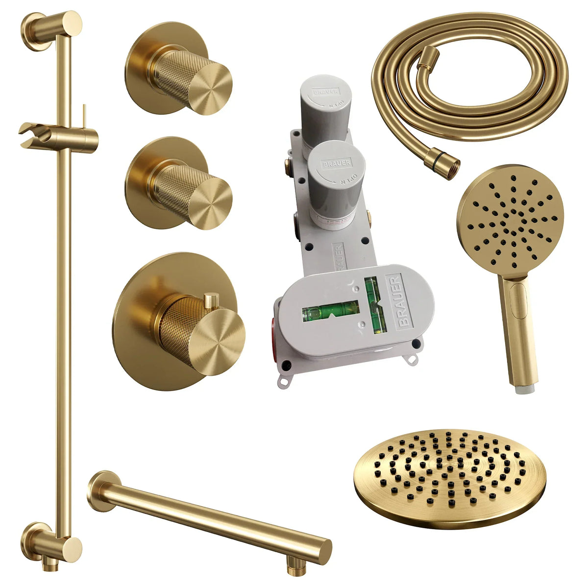 Brauer Carving thermostatische inbouw doucheset - hoofddouche 20cm - rechte wandarm - 3 standen handdouche rond - Glijstang - Geborsteld Goud PVD
