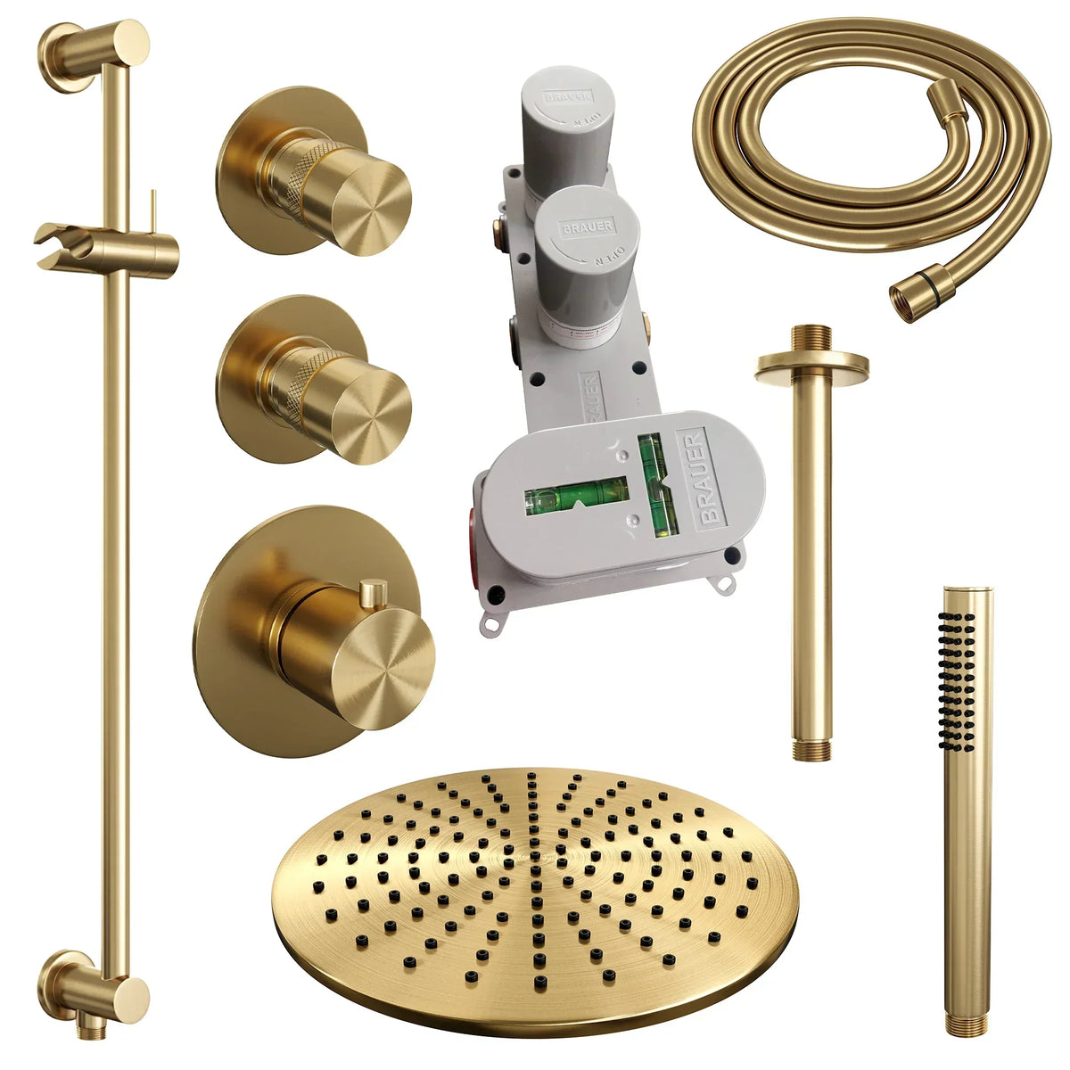 Brauer Edition thermostatische inbouw doucheset - Geborsteld Goud PVD - hoofddouche 30cm - plafondsteun - staafhanddouche - Glijstang