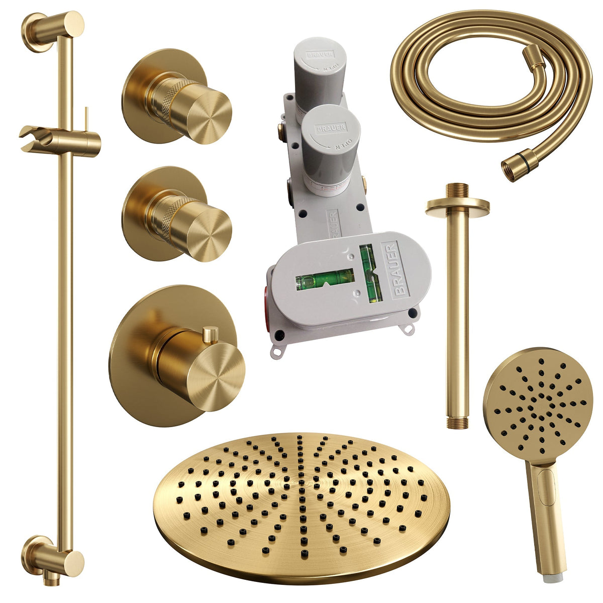 Brauer Edition thermostatische inbouw doucheset - Geborsteld Goud PVD - hoofddouche 30cm - plafondsteun - ronde handdouche - Glijstang