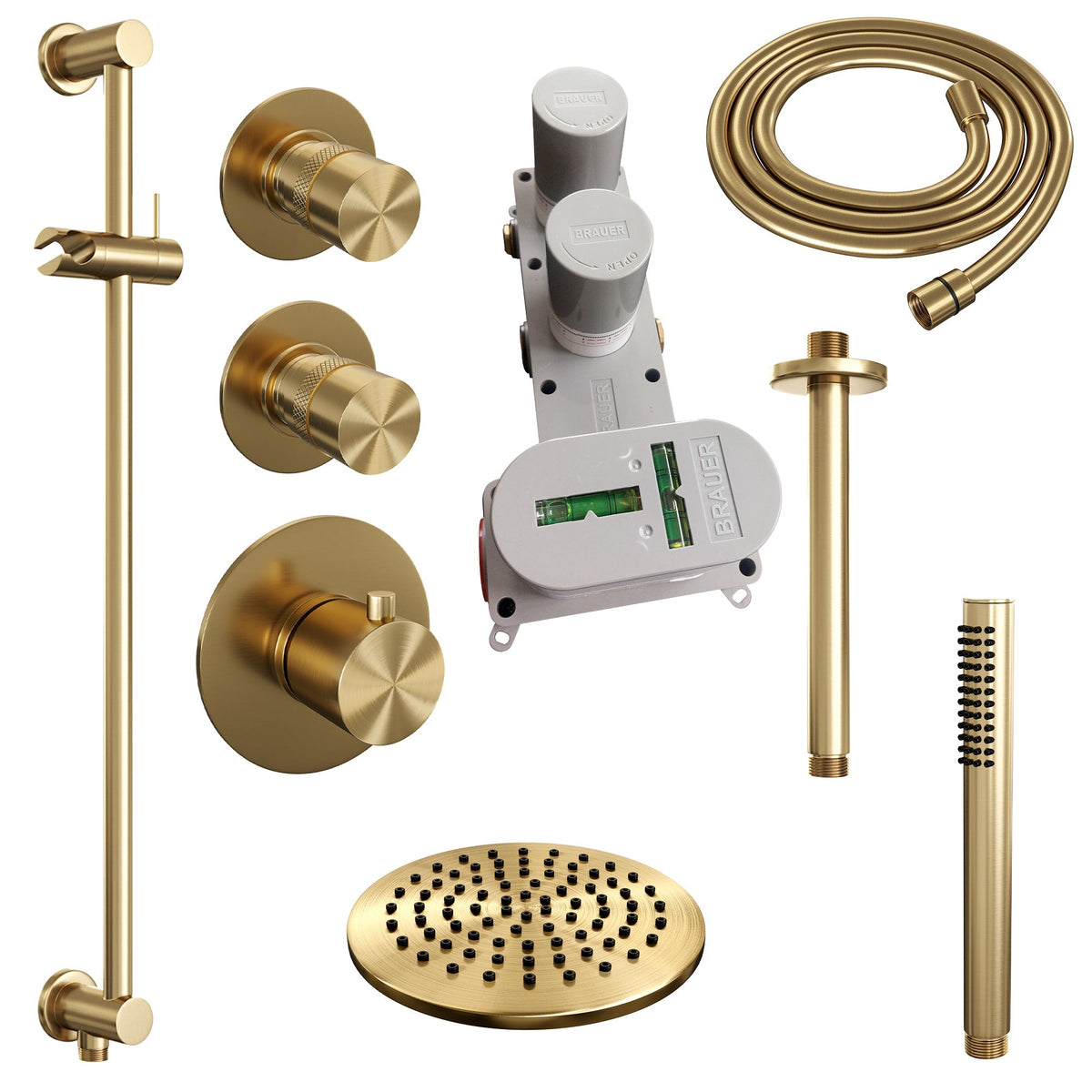 Brauer Edition thermostatische inbouw doucheset - Geborsteld Goud PVD - hoofddouche 20cm - plafondsteun - staafhanddouche - Glijstang