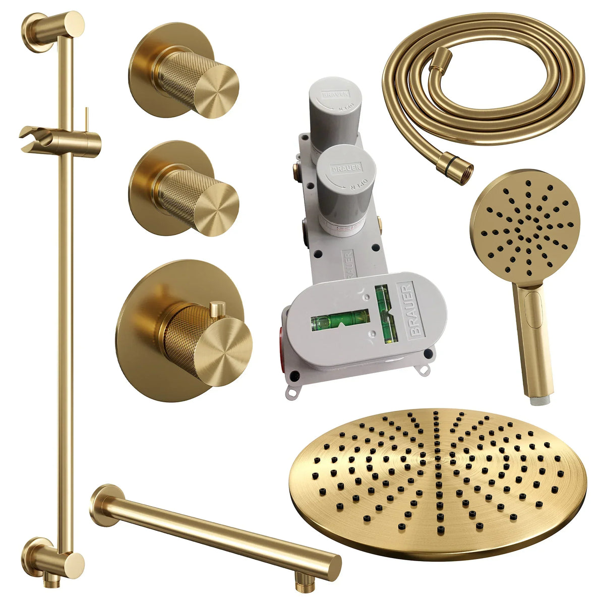 Brauer Carving thermostatische inbouw doucheset - hoofddouche 30cm - rechte wandarm - 3 standen handdouche rond - Glijstang - Geborsteld Goud PVD