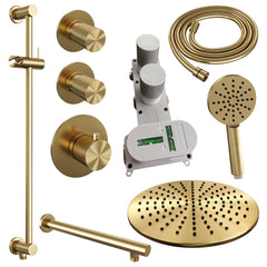 Brauer Carving thermostatische inbouw doucheset - hoofddouche 30cm - rechte wandarm - 3 standen handdouche rond - Glijstang - Geborsteld Goud PVD