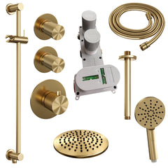 Brauer Carving thermostatische inbouw doucheset - hoofddouche 20cm - plafondbuis - 3 standen handdouche rond - Glijstang - Geborsteld Goud PVD