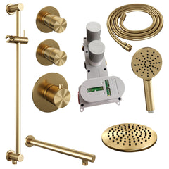 Brauer Edition thermostatische inbouw doucheset - Geborsteld Goud PVD - hoofddouche 20cm - wandarm - ronde handdouche - Glijstang