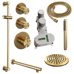 Brauer Edition thermostatische inbouw doucheset - Geborsteld Goud PVD - hoofddouche 20cm - wandarm - staafhanddouche - Glijstang