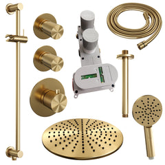 Brauer Carving thermostatische inbouw doucheset - hoofddouche 30cm - plafondbuis - 3 standen handdouche rond - Glijstang - Geborsteld Goud PVD