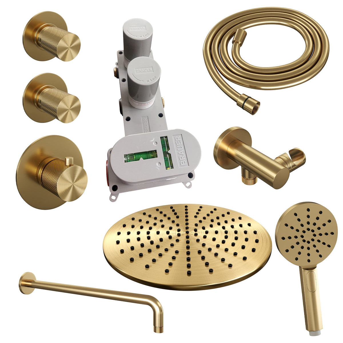 Brauer Carving thermostatische inbouw doucheset - hoofddouche 30cm - gebogen wandarm - 3 standen handdouche rond - Geborsteld Goud PVD