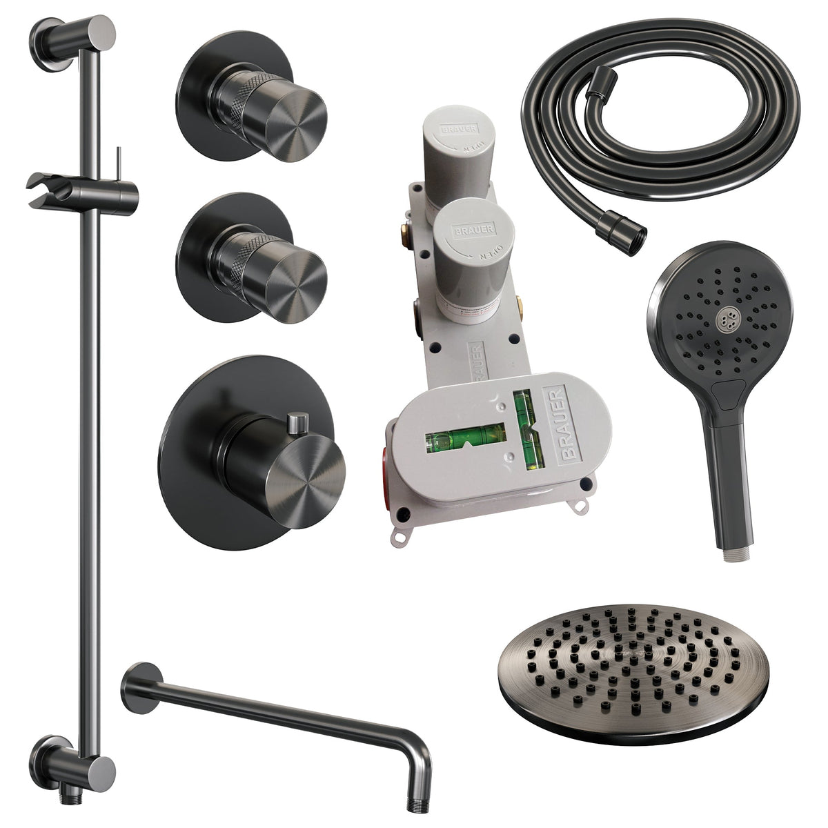 Brauer Edition thermostatische inbouw doucheset - hoofddouche 20cm - wandarm gebogen - ronde handdouche - Glijstang - Geborsteld Gunmetal PVD