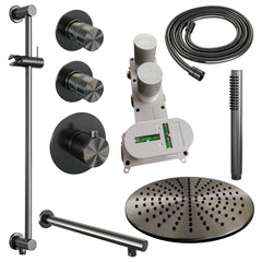 Brauer Edition thermostatische inbouw doucheset - Geborsteld Gunmetal PVD - hoofddouche 30cm - wandarm - staafhanddouche - Glijstang