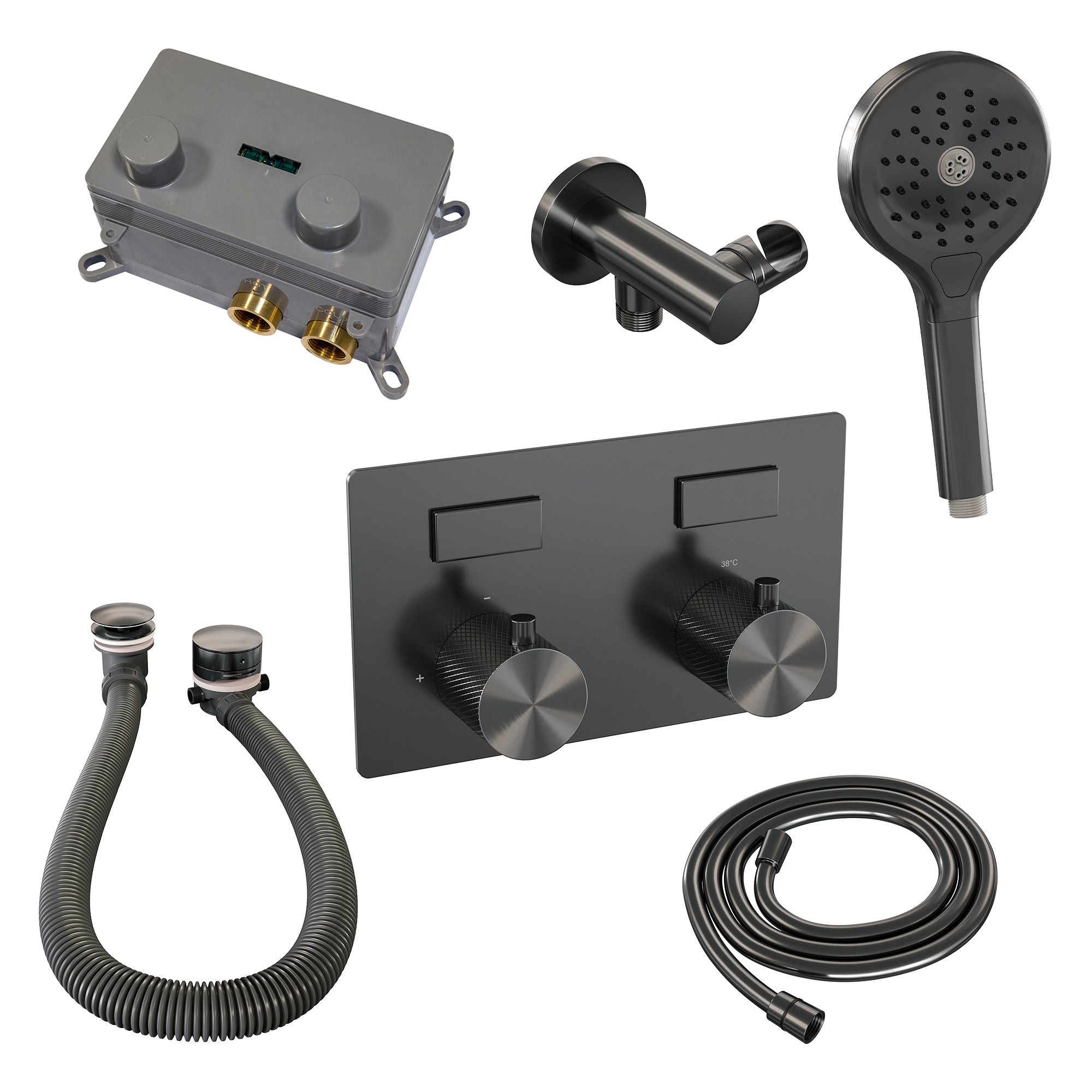 Brauer Brushed Carving thermostatische inbouw badkraan met drukknoppen SET 04 met badvulcombinatie en 3-standen handdouche en doucheslang en wandaansluitbocht Geborsteld RVS PVD -  5-NG-213