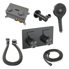 Brauer Brushed Carving thermostatische inbouw badkraan met drukknoppen SET 04 met badvulcombinatie en 3-standen handdouche en doucheslang en wandaansluitbocht Geborsteld RVS PVD -  5-NG-213