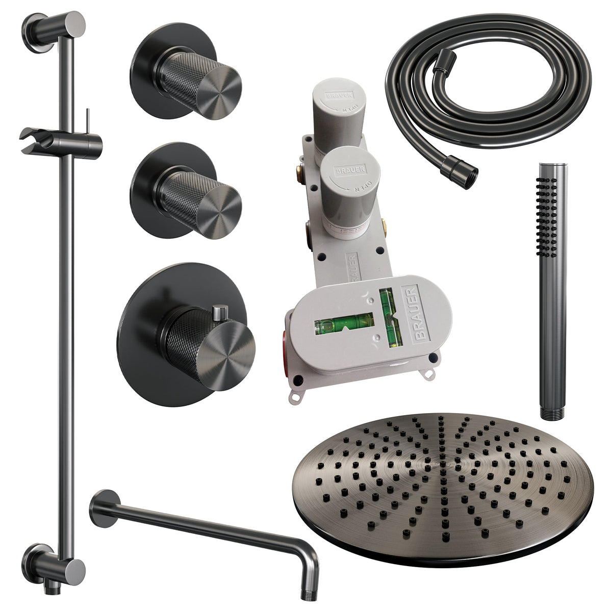 Brauer Carving thermostatische inbouw doucheset - hoofddouche 30cm - gebogen wandarm - staafhanddouche - Glijstang - Geborsteld Gunmetal PVD