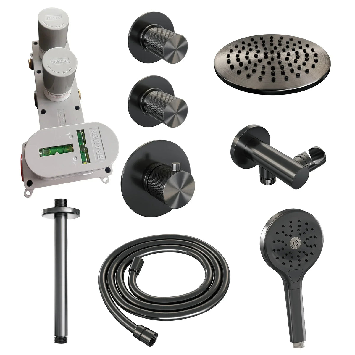 Brauer Carving thermostatische inbouw doucheset - hoofddouche 20cm - plafondbuis - 3 standen handdouche rond - Geborsteld Gunmetal PVD