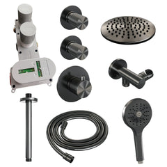 Brauer Carving thermostatische inbouw doucheset - hoofddouche 20cm - plafondbuis - 3 standen handdouche rond - Geborsteld Gunmetal PVD