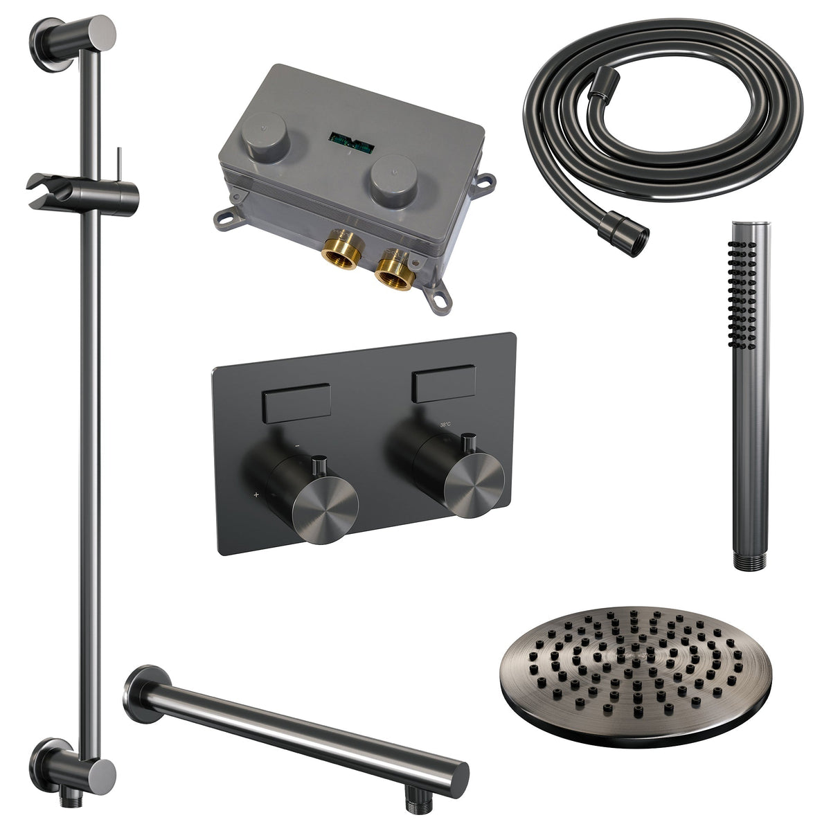 Brauer Edition inbouw doucheset - staafhanddouche - 20cm hoofdouche - rechte wandarm - glijstang - Geborsteld Gunmetal PVD
