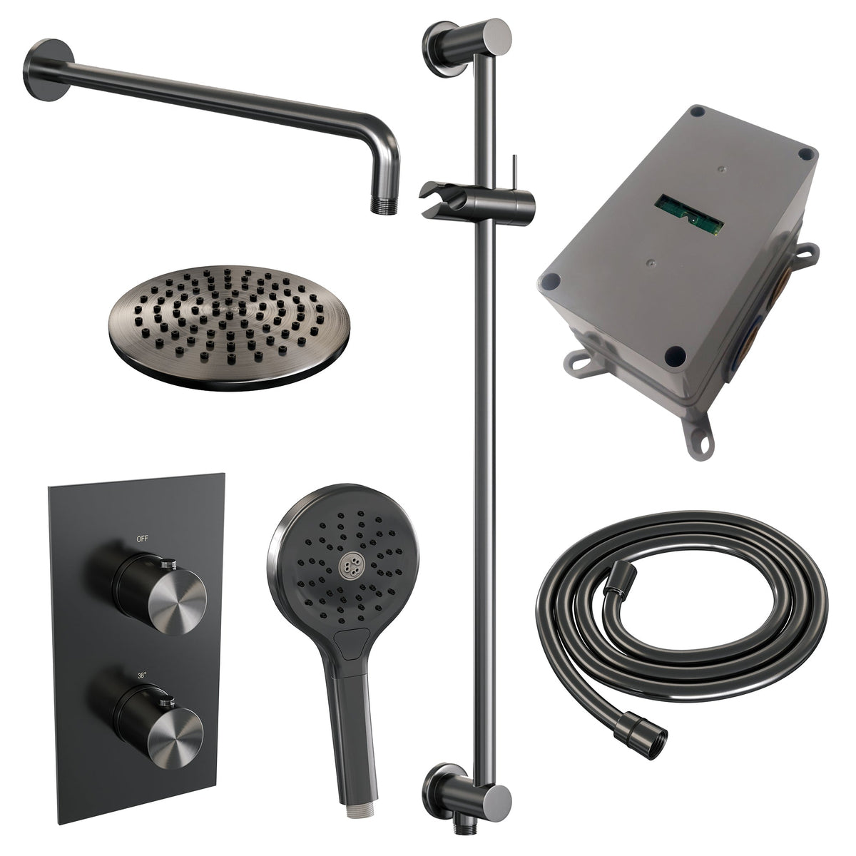 Brauer Edition inbouwset met 3-weg thermostaat - hoofddouche 20cm - gebogen wandarm 40cm - ronde 3-standen handdouche - glijstang met aansluitbocht - Geborsteld Gunmetal PVD