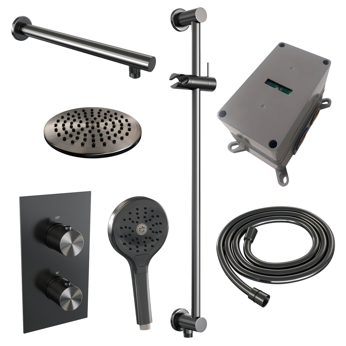 Brauer Carving inbouwset met 3-weg thermostaat - hoofddouche 20cm - rechte wandarm 40cm - ronde 3-standen handdouche - glijstang met aansluitbocht - Geborsteld Gunmetal PVD
