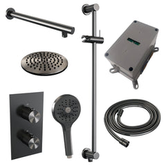 Brauer Carving inbouwset met 3-weg thermostaat - hoofddouche 20cm - rechte wandarm 40cm - ronde 3-standen handdouche - glijstang met aansluitbocht - Geborsteld Gunmetal PVD