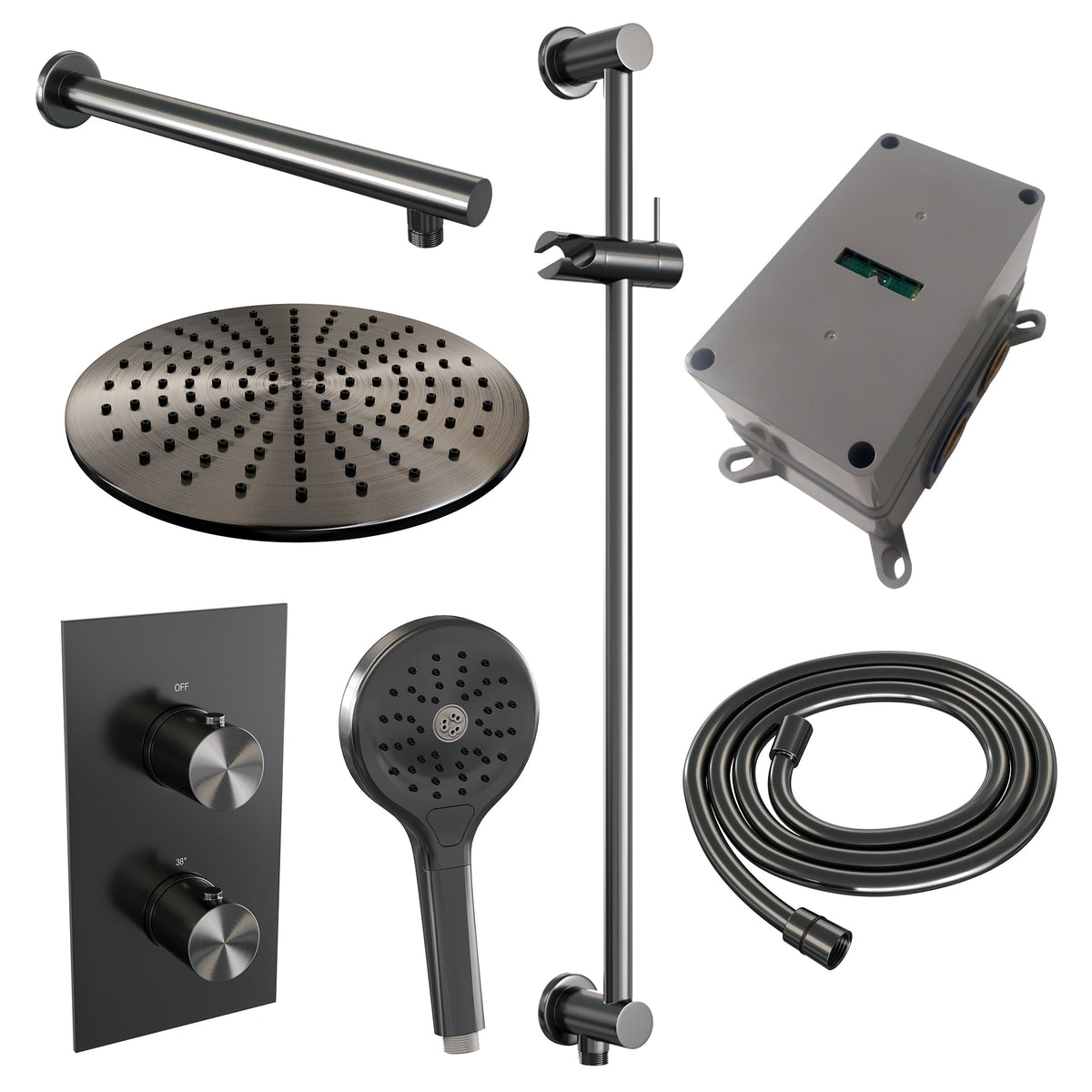 Brauer Edition inbouwset met 3-weg thermostaat - hoofddouche 30cm - rechte wandarm 40cm - staafhanddouche - wandaansluiting - Geborsteld Gunmetal PVD