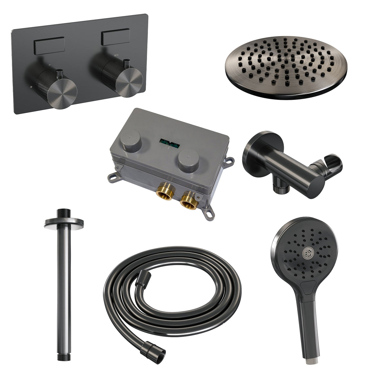 Brauer Carving inbouw doucheset - ronde handdouche - 30cm hoofdouche - plafondbuis - wandsteun - Geborsteld Gunmetal PVD