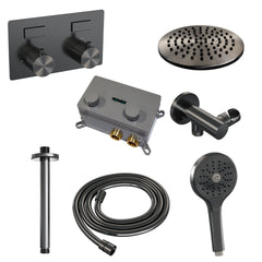 Brauer Carving inbouw doucheset - ronde handdouche - 30cm hoofdouche - plafondbuis - wandsteun - Geborsteld Gunmetal PVD