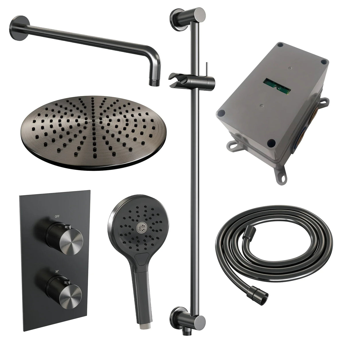 Brauer Edition inbouwset met 3-weg thermostaat - hoofddouche 30cm - gebogen wandarm 40cm - ronde 3-standen handdouche - glijstang met aansluitbocht - Geborsteld Gunmetal PVD