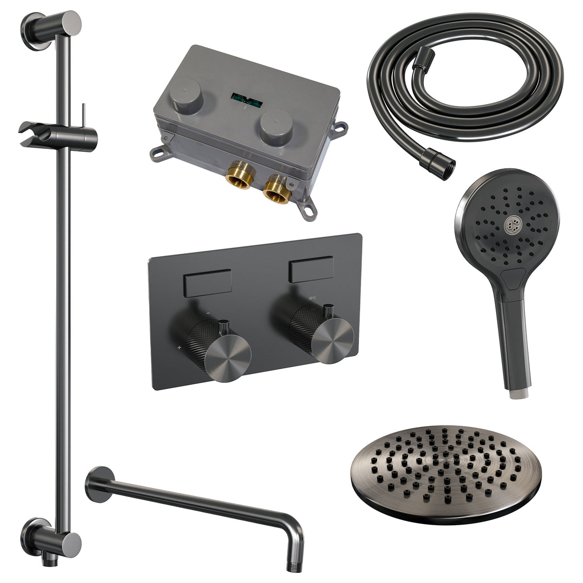 Brauer Carving inbouw doucheset - ronde handdouche - 30cm hoofdouche - gebogen wandarm - glijstang - Geborsteld Gunmetal PVD