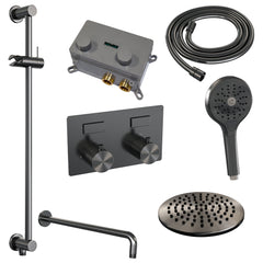 Brauer Carving inbouw doucheset - ronde handdouche - 30cm hoofdouche - gebogen wandarm - glijstang - Geborsteld Gunmetal PVD