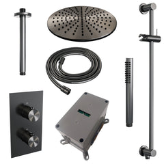 Brauer Edition inbouwset met 3-weg thermostaat - hoofddouche 20cm - plafondbuis 20cm - staafhanddouche - glijstang met aansluitbocht - Geborsteld Gunmetal PVD